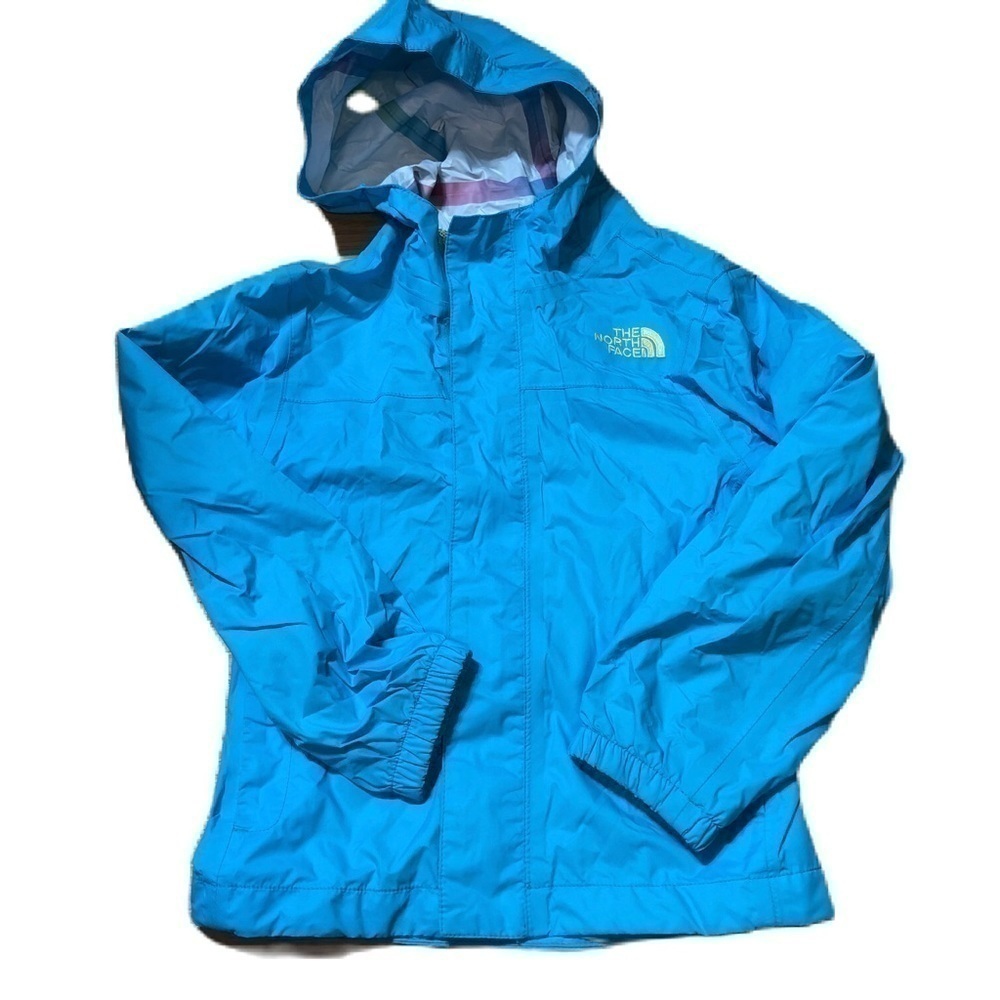 North Face Blue Rain Jacket XXS 5 Green Lined Plaid Hood Kids Hyvent